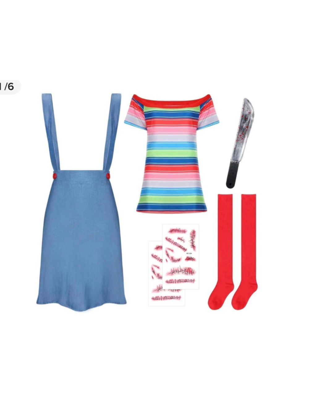 Adult Chucky Costume Set - Shirt, Skirt, Socks, Knife, Tattoos NEW